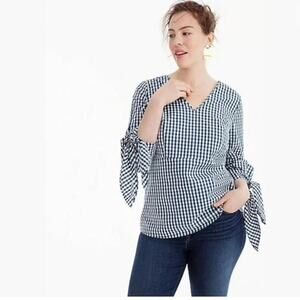 J. Crew Top X Universal Standard Sz M Gingham Tie Sleeve Blouse Blue White